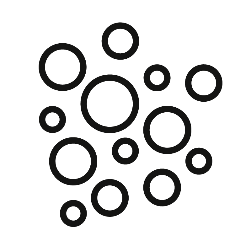 Abstract icon of different sized circles.