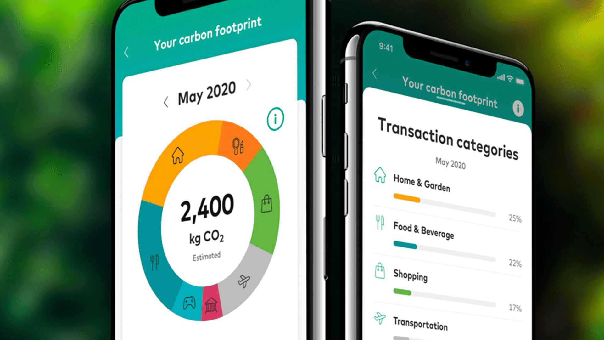Two mobile phones displaying carbon footprint statistics.